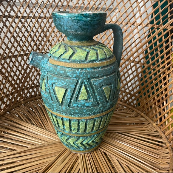 Italy Florentine Art Pottery Sgraffito Pitcher Vase Vessel Rimini Blue Green MCM - Picture 3 of 10